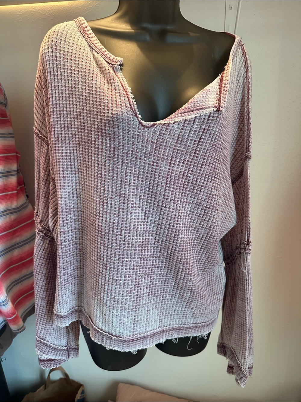 We The Free Waffle-Knit V-Neck Long Sleeve Top dahlia thermal burgandy